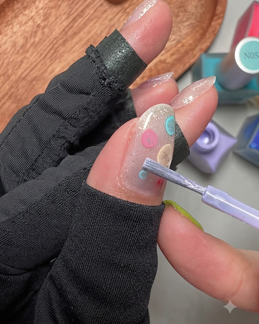 Ein Pinsel trägt eine frische Schicht Base-Gel über einen Nagel mit bestehender Aquarell-Punktkunst auf.
