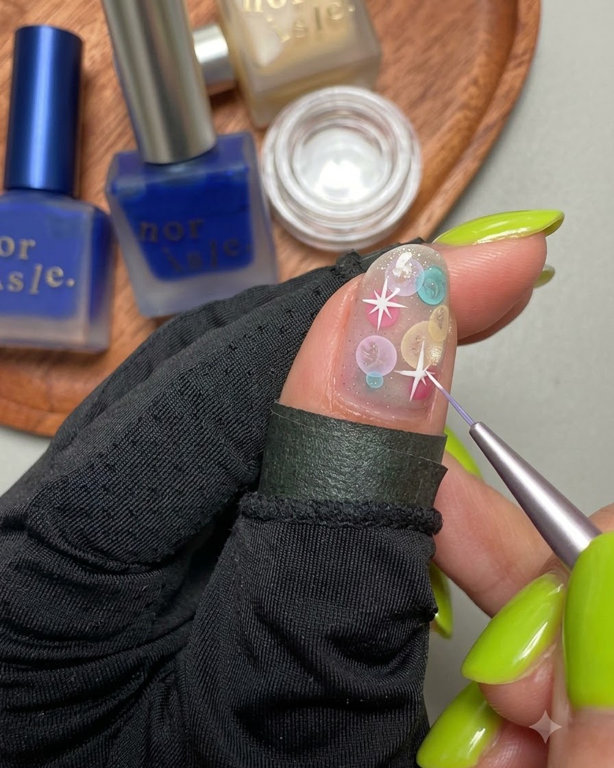 Ein feiner Liner-Pinsel malt einen kleinen weißen vierzackigen Sternakzent zwischen Aquarellblasen auf einem Fingernagel.