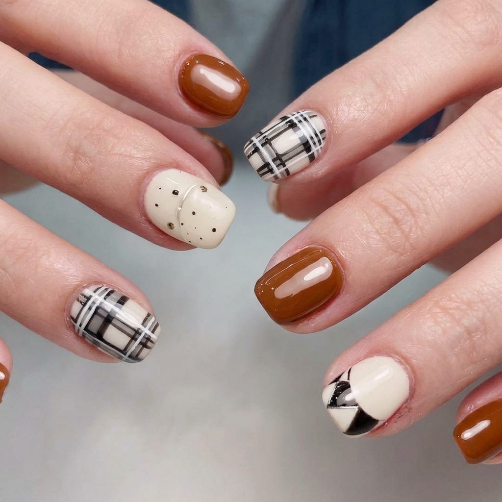 Eine Nahaufnahme einer Hand, die ein knackiges schwarz-weißes Karo-Nageldesign mit einem Hochglanz-Topcoat zeigt.