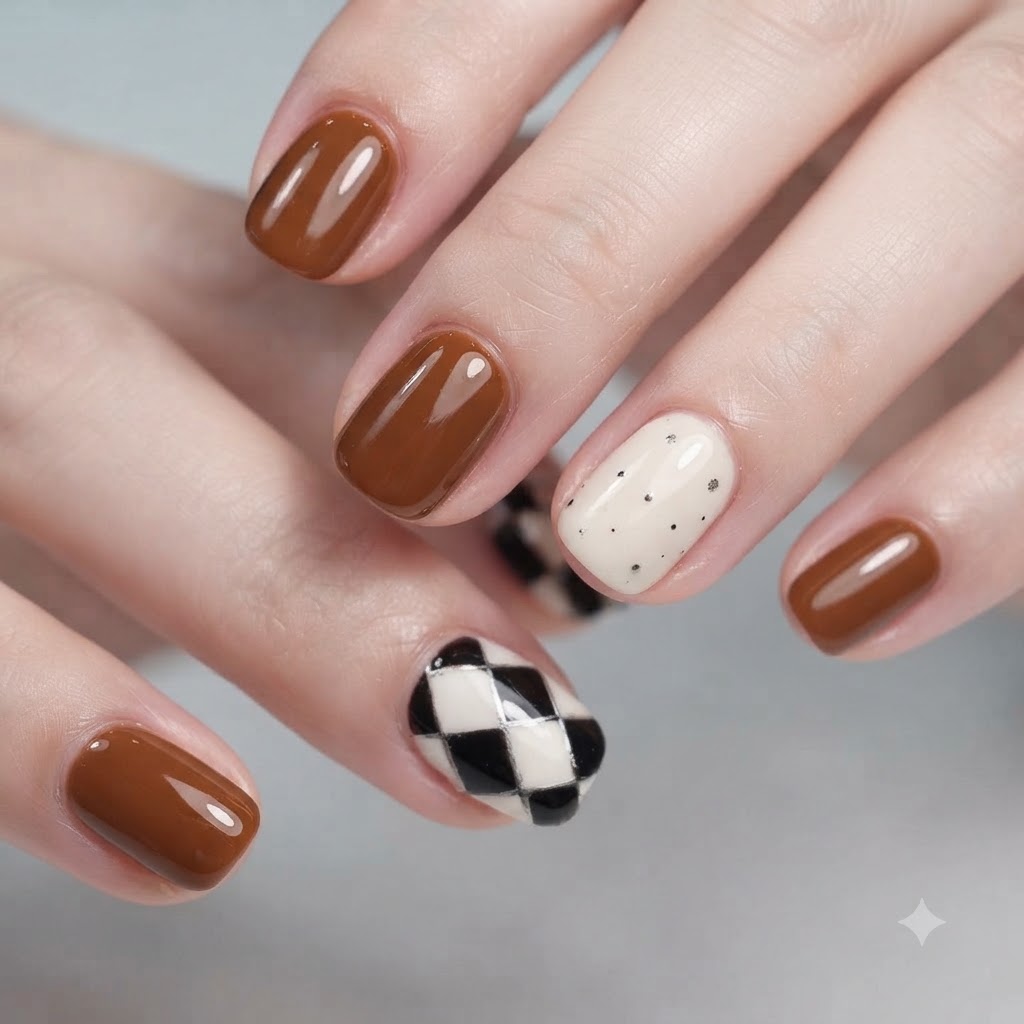 Makroaufnahme eines cremefarbenen Nagels, dekoriert mit winzigen schwarzen Polka Dots und einer dünnen linearen Akzentlinie.
