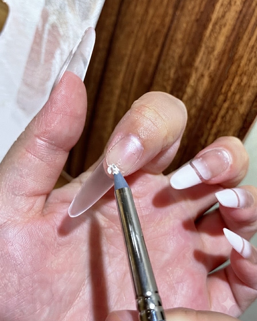 Eine Hand hält einen feinen Detailpinsel und trägt weißes Gel auf die freie Nagelspitze einer Nagelverlängerung auf.
