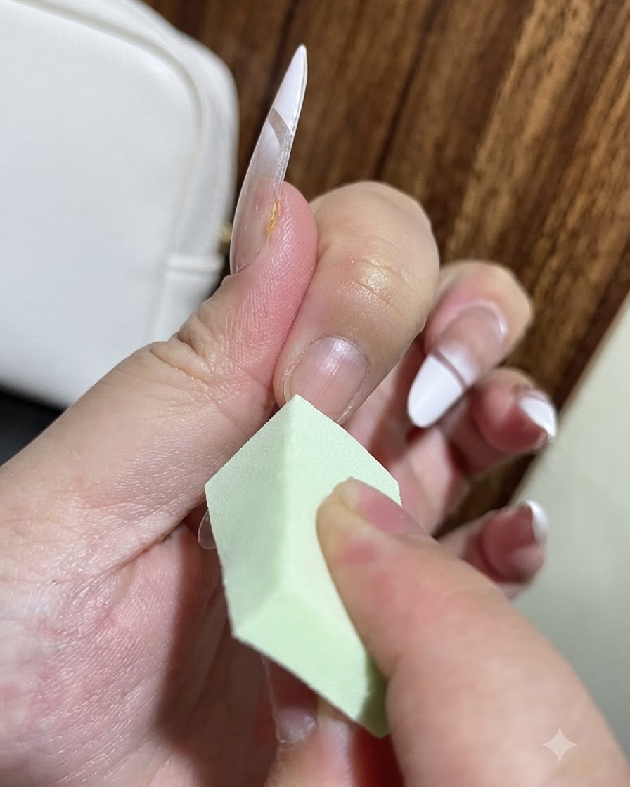 Eine Hand nutzt einen kleinen grünen Make-up-Schwamm, um die weiße Gellinie auf dem Nagel sanft zu betupfen und zu verblenden.