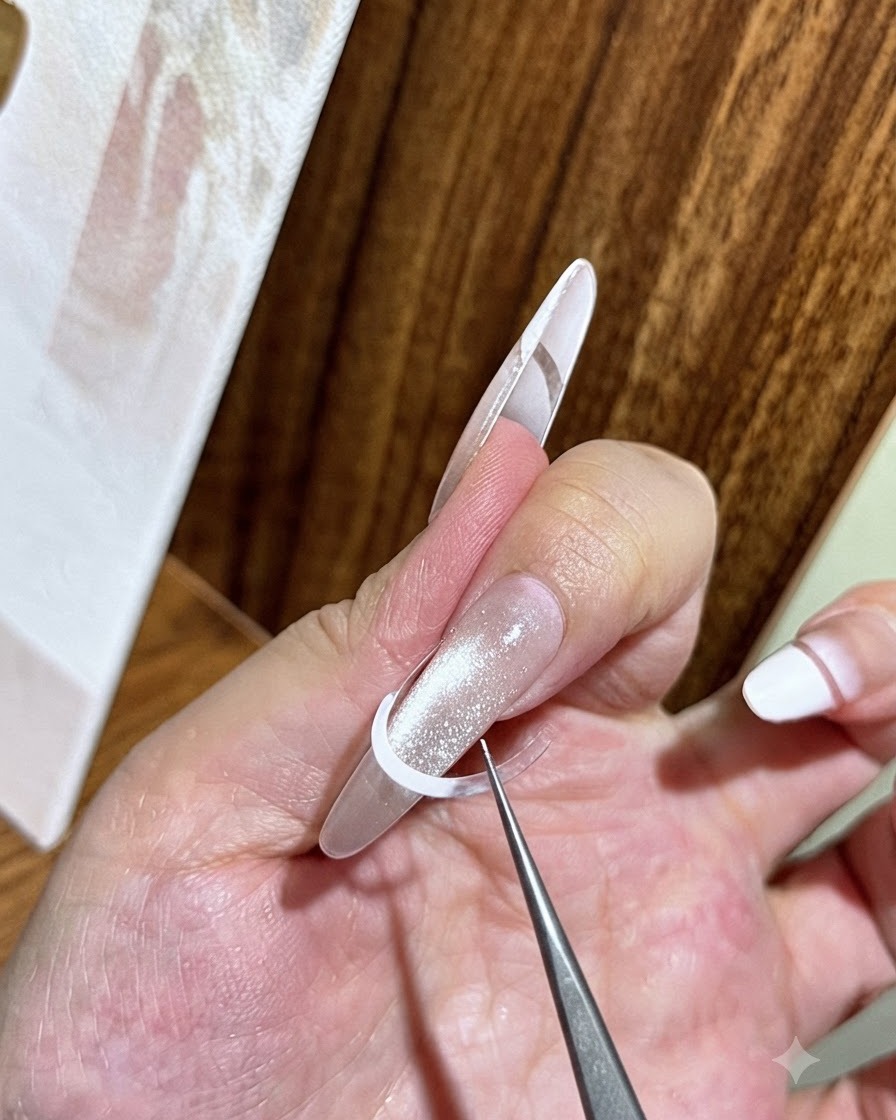 Eine Pinzette platziert eine weiße French-Maniküre-Schablone quer über die Mitte eines mit Cat-Eye-Gel beschichteten Nagels.