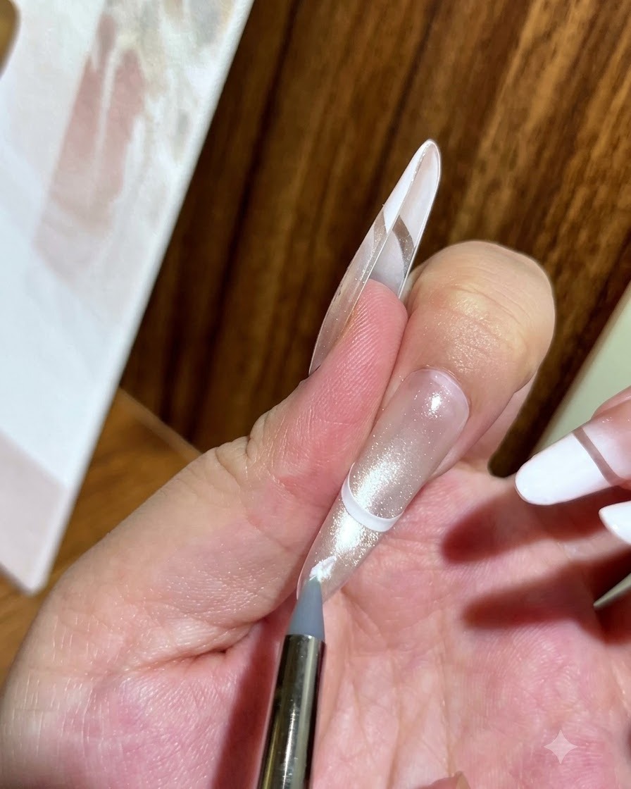 Ein feiner Detailpinsel trägt weiße Gelpolitur direkt auf die Nagelspitze oberhalb der French-Schablone auf.