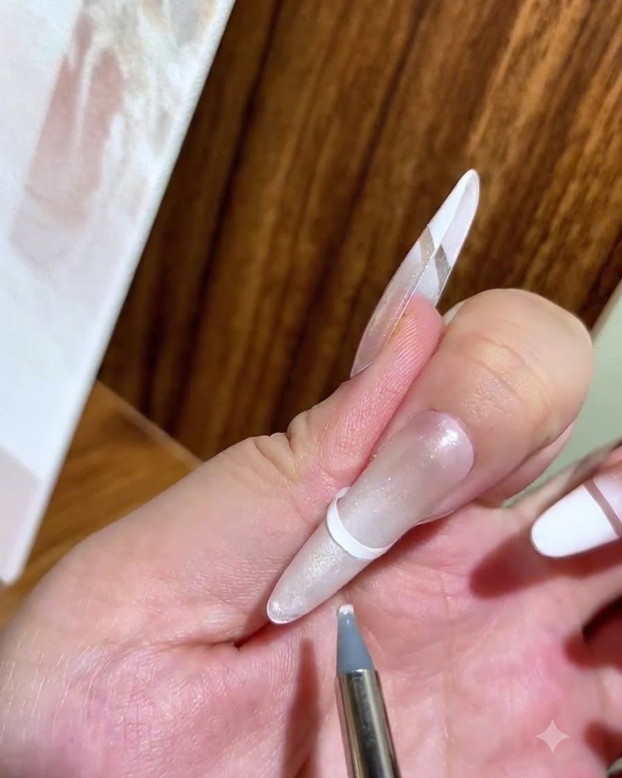 Ein feiner Detailpinsel trägt eine zweite Schicht weißes Gelpolish direkt auf die Nagelspitze auf.