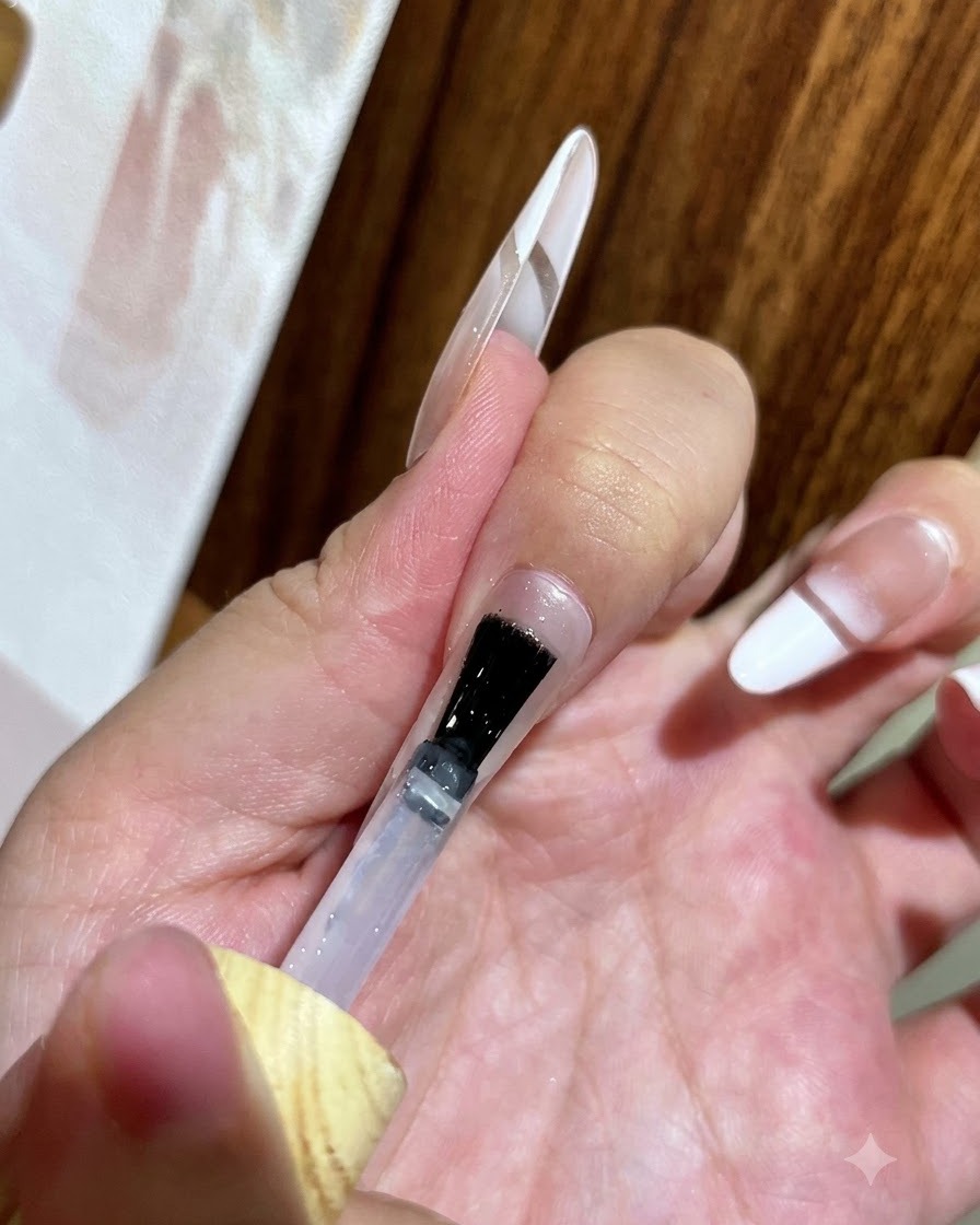 Ein Pinsel trägt einen klaren, glänzenden Top Coat gleichmäßig über den dekorierten Nagel auf.