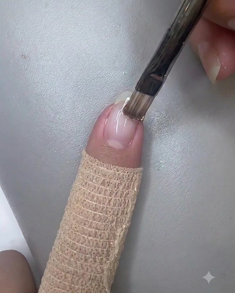 Ein quadratischer Nagelpinsel trägt Champagner-Glitter-Gel auf den Ansatz eines vorbereiteten Naturnagels auf.