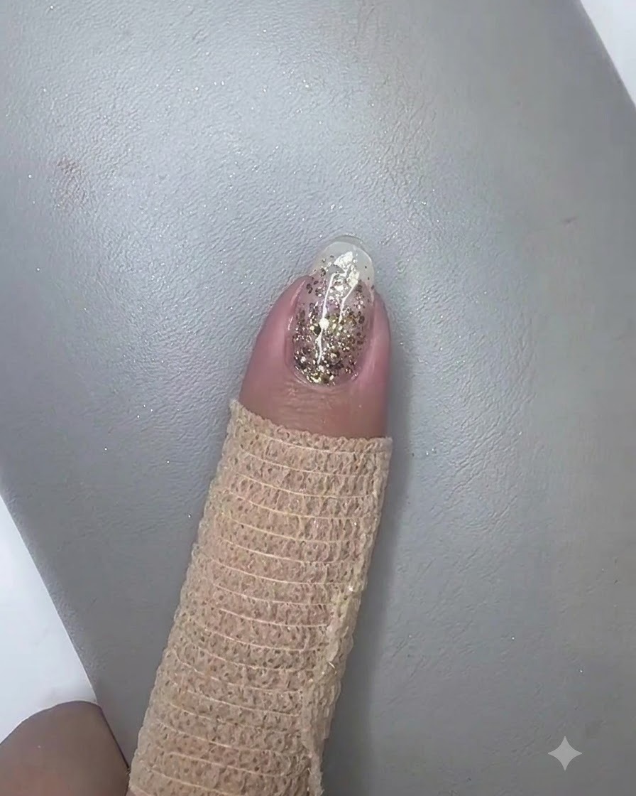 Ein Finger unter einer kleinen tragbaren UV-LED-Lampe, die ein violettes Licht auf den Nagel strahlt.