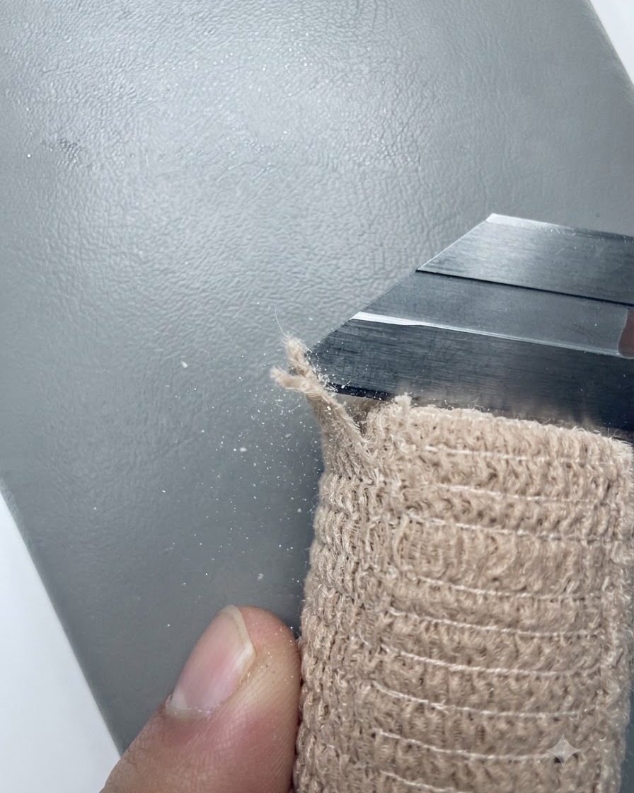Eine Handfeile glättet die Oberfläche und Kanten eines Fingernagels.