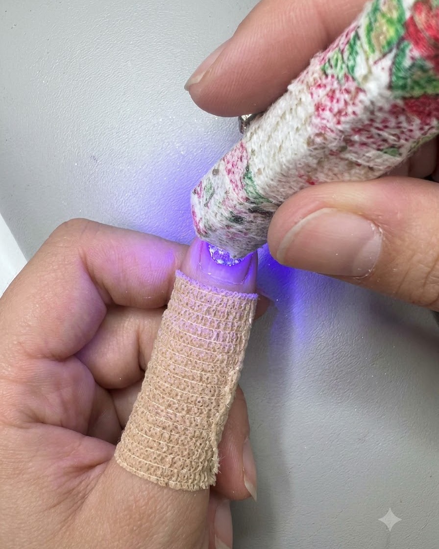 Eine tragbare violette UV-LED-Lampe wird nah über einen einzelnen Fingernagel gehalten.