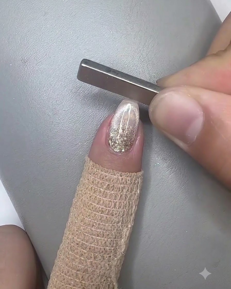Ein kleiner Stabmagnet wird nah über den Nagel gehalten, um die Cat-Eye-Reflektion zu formen.
