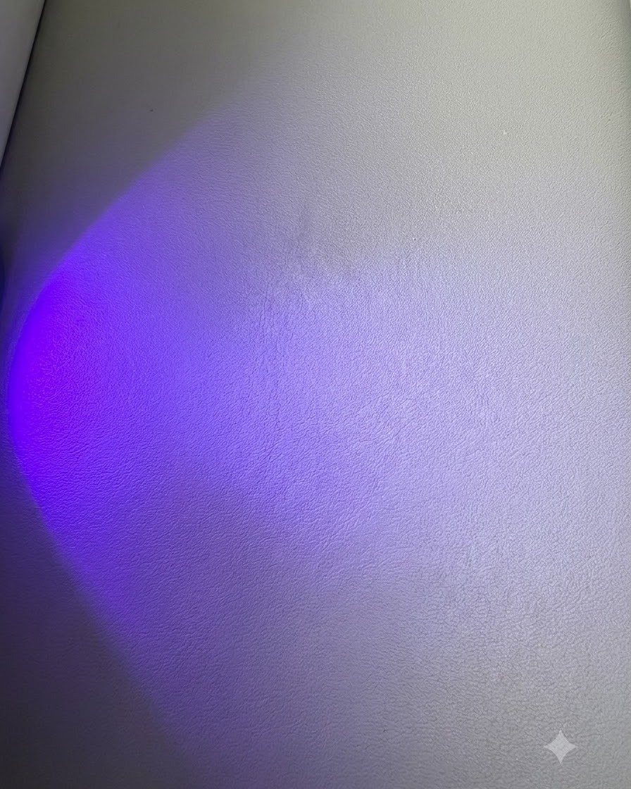 Eine violette UV-LED-Lampe strahlt während einer Gelnagel-Behandlung hell auf eine Oberfläche.