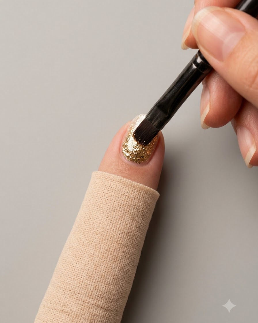 Ein feiner Pinsel trägt eine klare, glänzende Top-Coat-Schicht über einen fertigen Nagel auf.